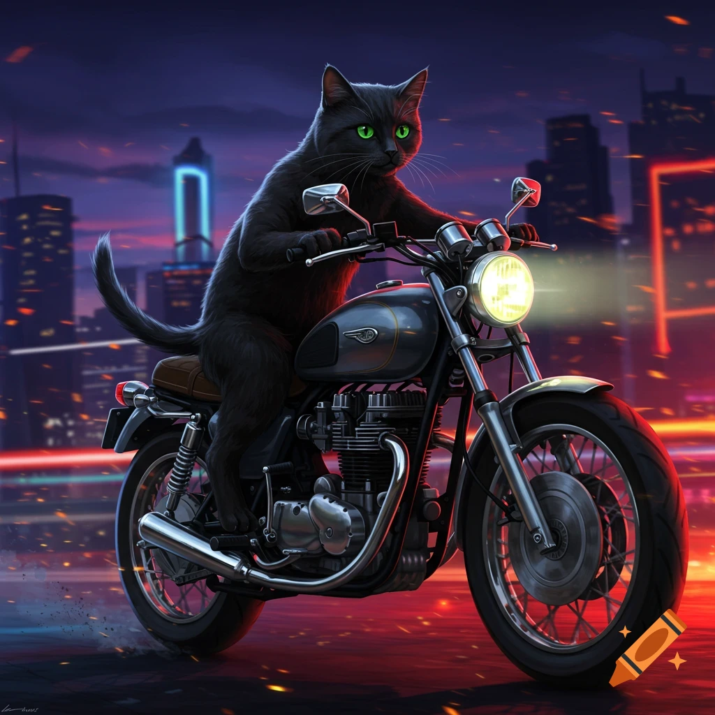 A black cat with green eyes rides a motorcycle on a city street at night, stylized illustration.