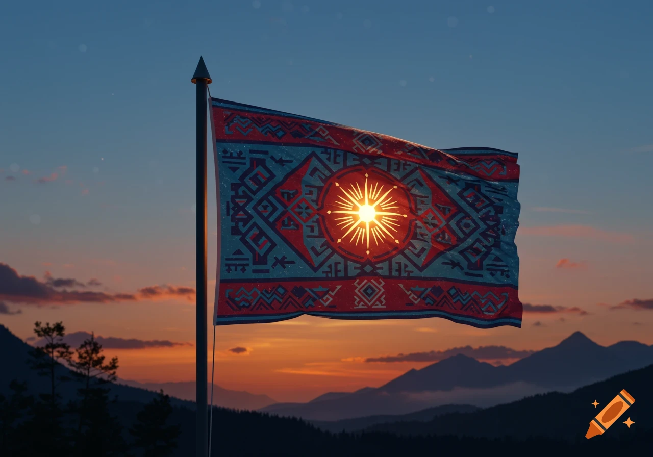 A geometrically patterned flag with a glowing sun emblem waves against a vibrant sunset sky over a mountain range.