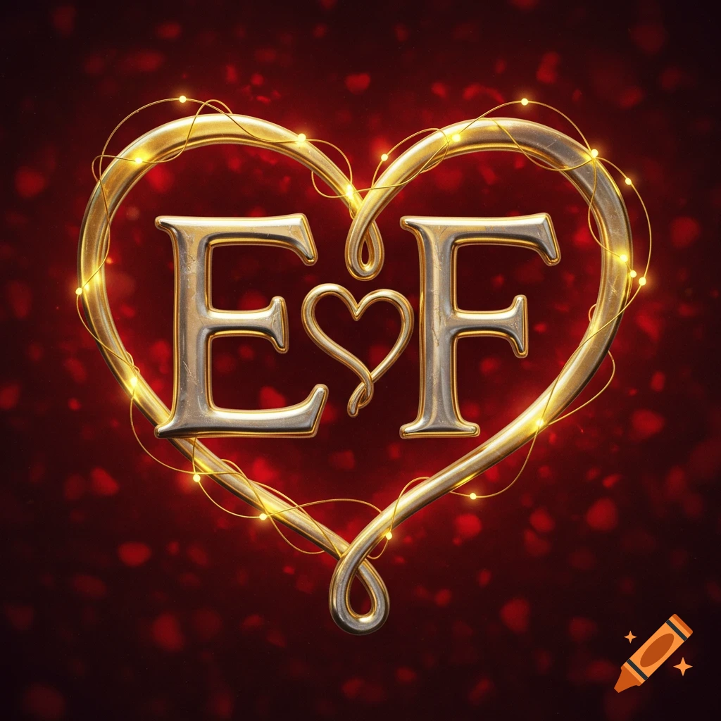 Golden metallic letters E and F intertwined with a heart, inside a larger golden heart outline wrapped in fairy lights on a red background.