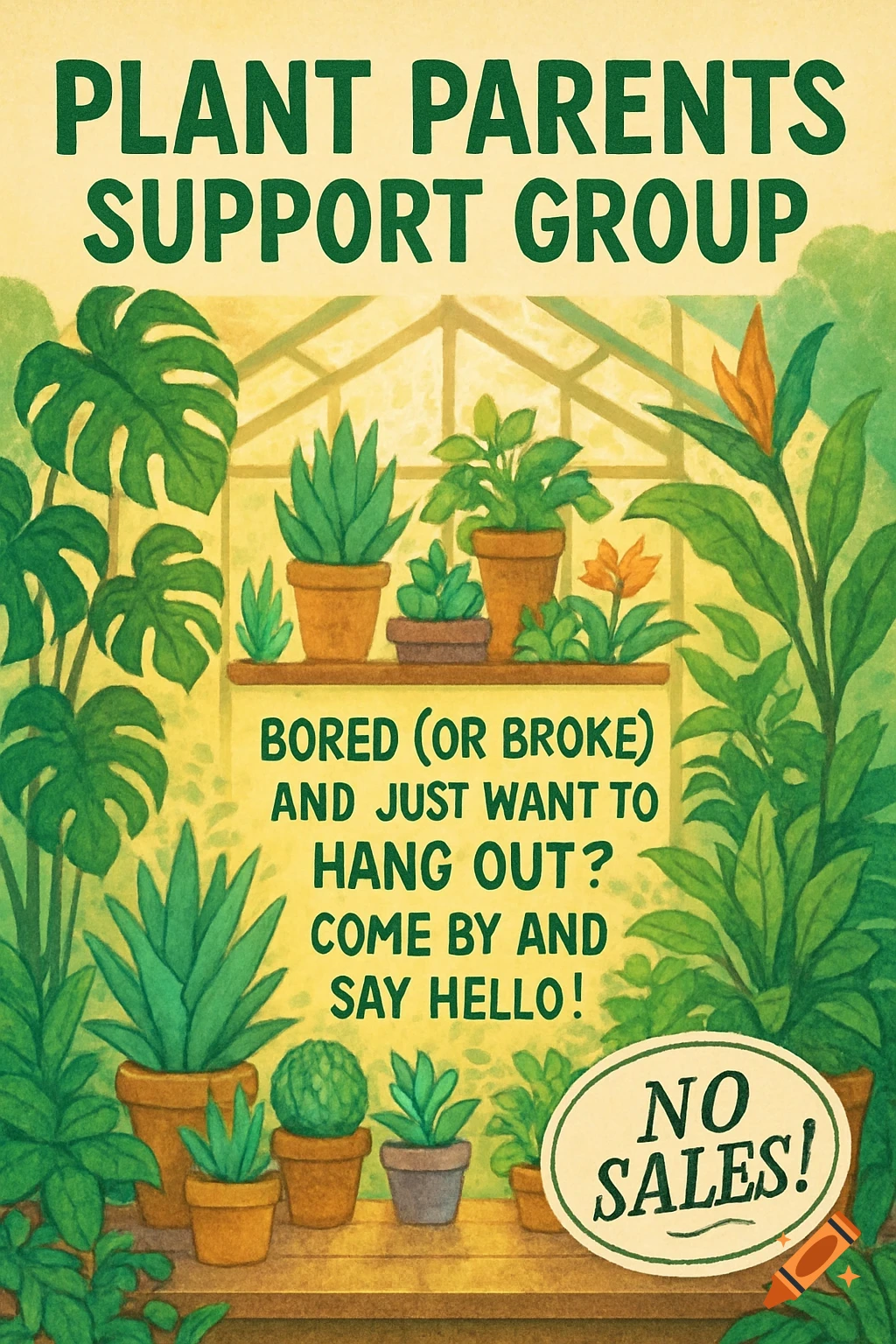 Watercolor style flyer for a 'Plant Parents Support Group' with various potted plants in a greenhouse setting.