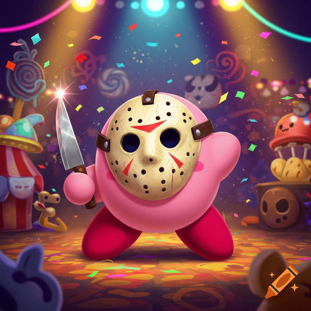 Pink Kirby wearing a Jason mask holds a gleaming knife amidst confetti at a vibrant party.