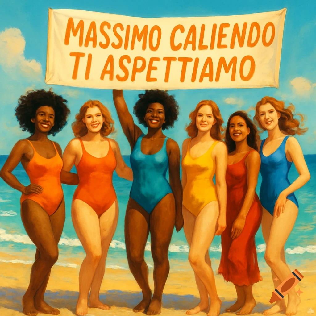 Six diverse women in colorful swimsuits on a beach, holding a banner that reads "MASSIMO CALIENDO TI ASPETTIAMO", in a painted style.