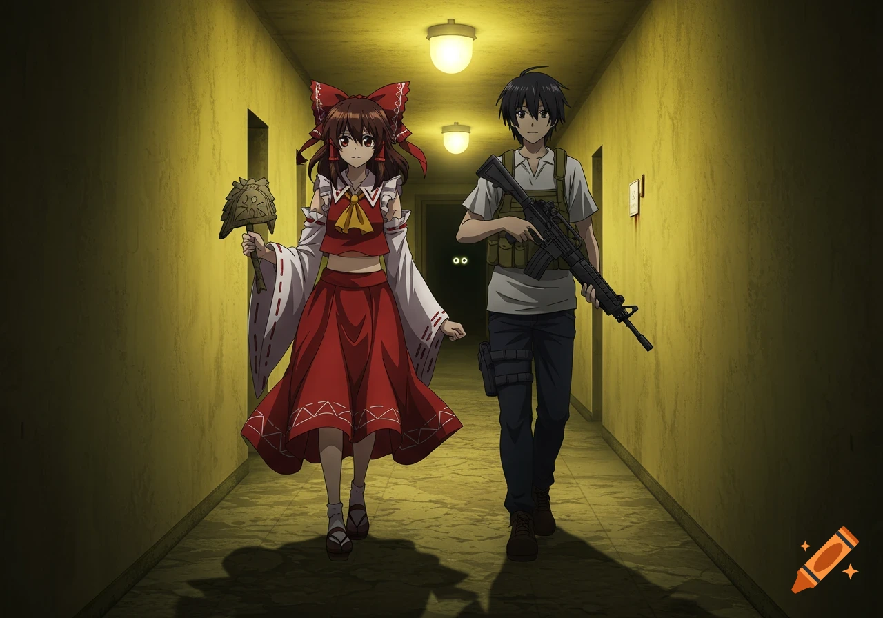 Reimu Hakurei and a young man with an assault rifle walk through a yellow, dimly lit corridor, with glowing eyes visible in the distance.