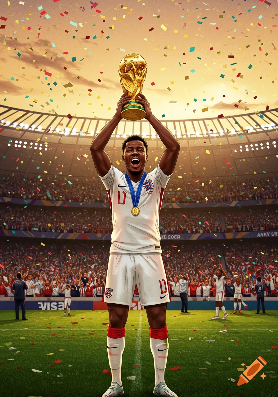 An excited dark-skinned English soccer player lifts the golden World Cup trophy above his head in a stadium with confetti, in an illustrative style.