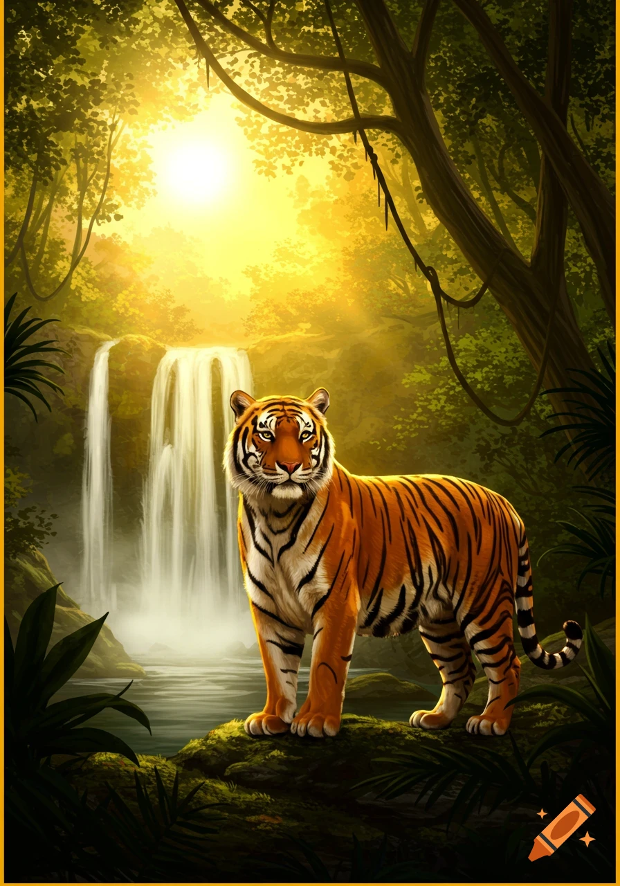 An orange and black striped tiger stands on a mossy rock in a lush jungle with a bright waterfall and sunlit canopy.