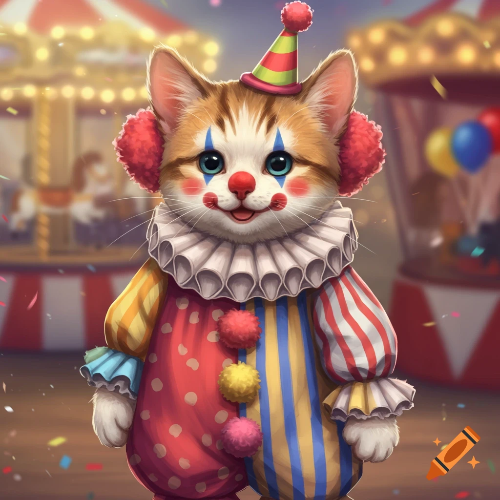 A cute kitten in a colorful clown costume with a party hat and makeup at a festive carnival.