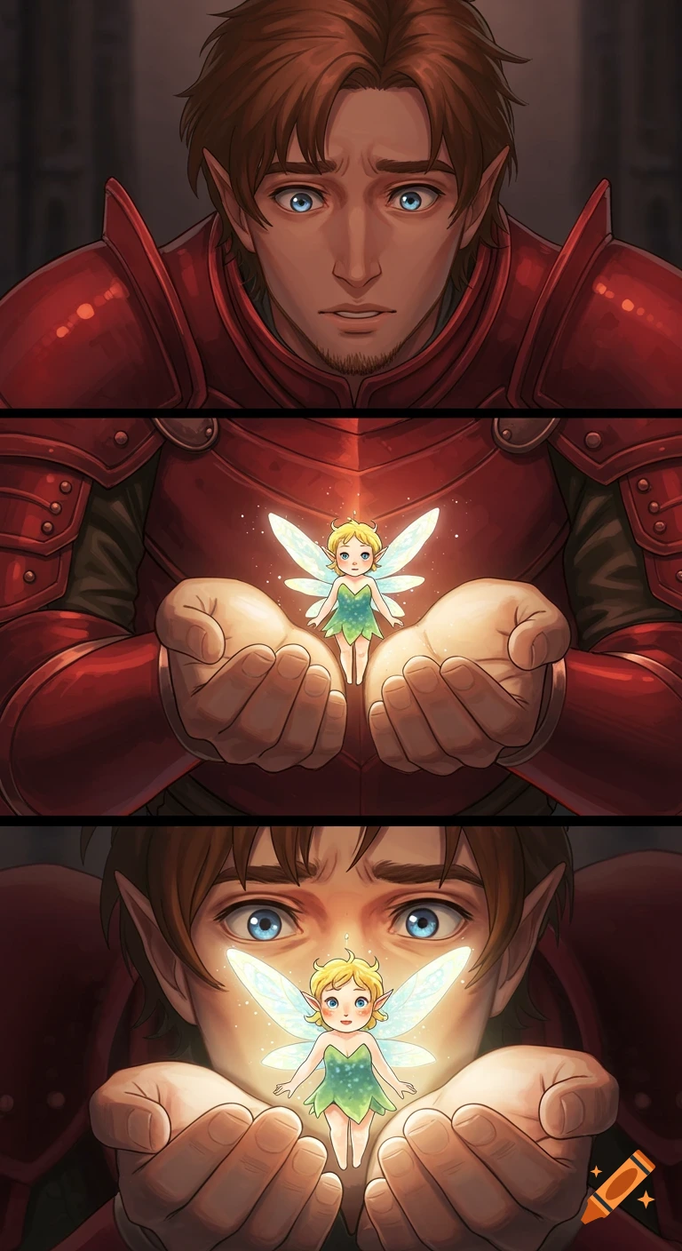 A three-panel anime comic strip showing an elf-like man in red armor holding a tiny glowing fairy in his cupped hands, looking at her with awe.