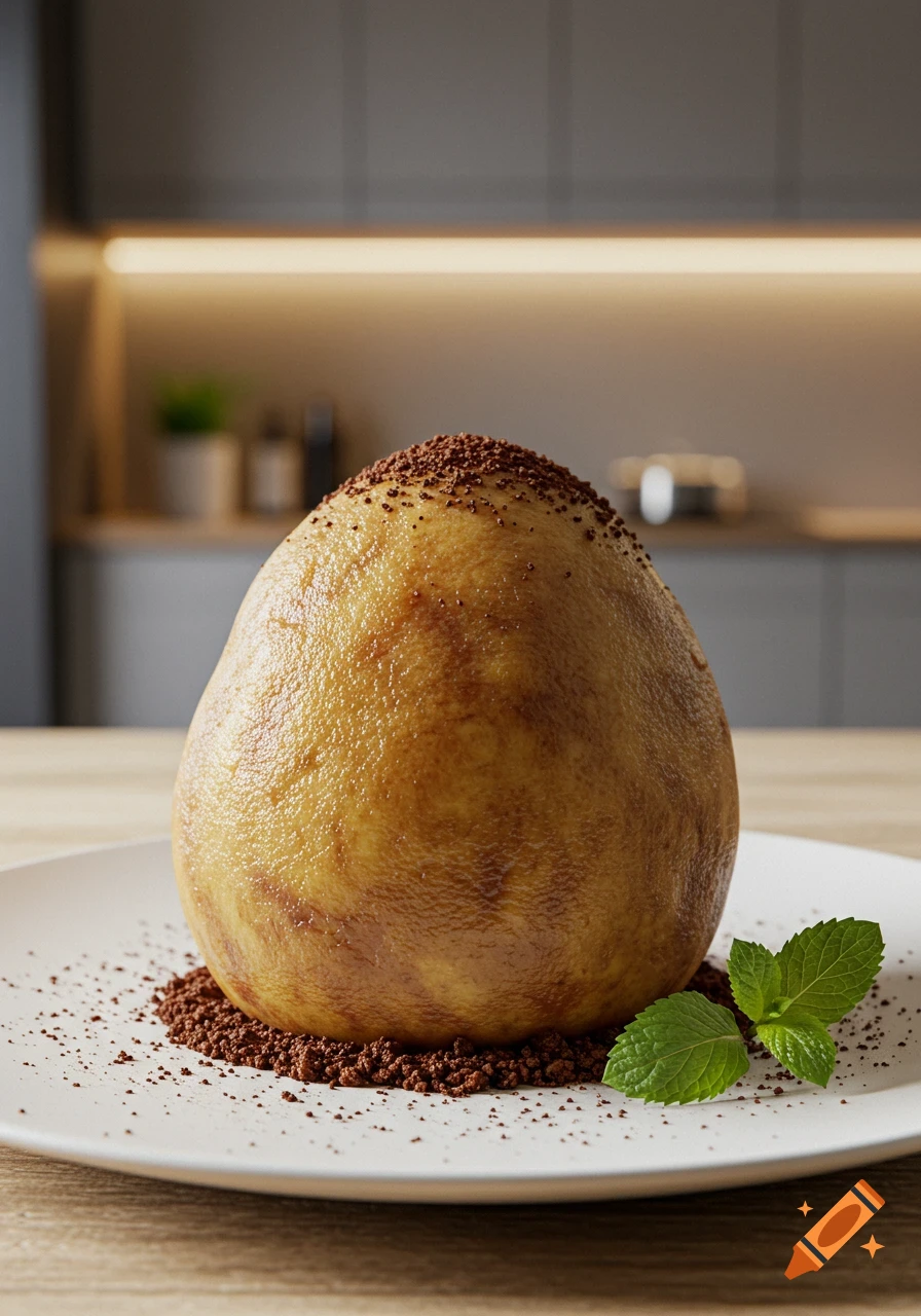A potato-shaped dessert topped with chocolate crumbles and mint leaves on a white plate in a modern kitchen.