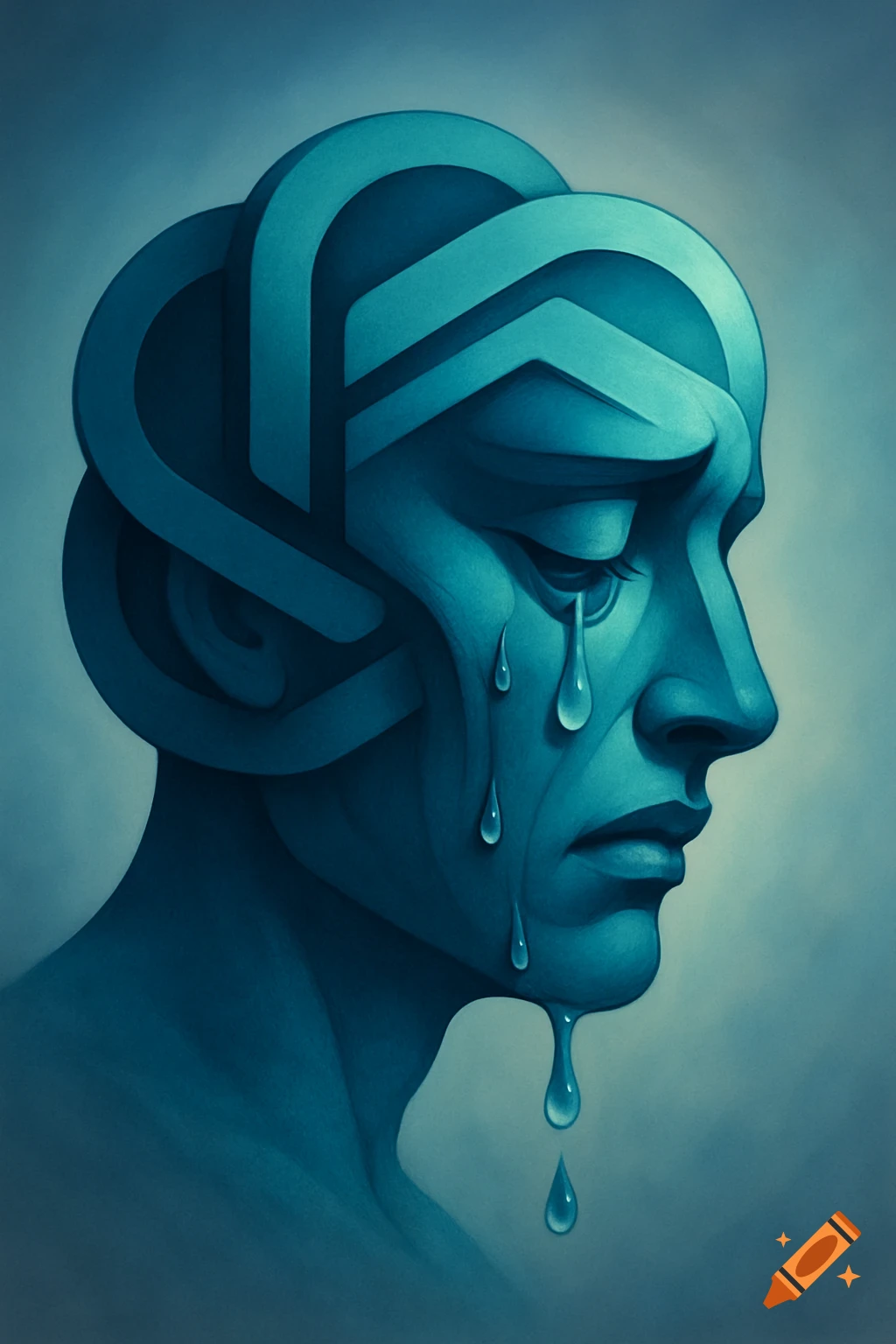 A teal, stylized face made of abstract, intertwining shapes, representing the ChatGPT logo, is crying.