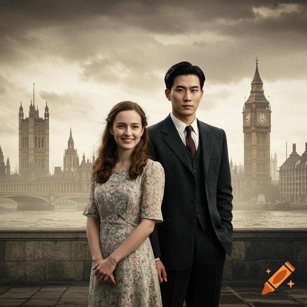 A smiling woman and a serious man in 1940s attire stand before the London skyline with Big Ben and the Houses of Parliament.