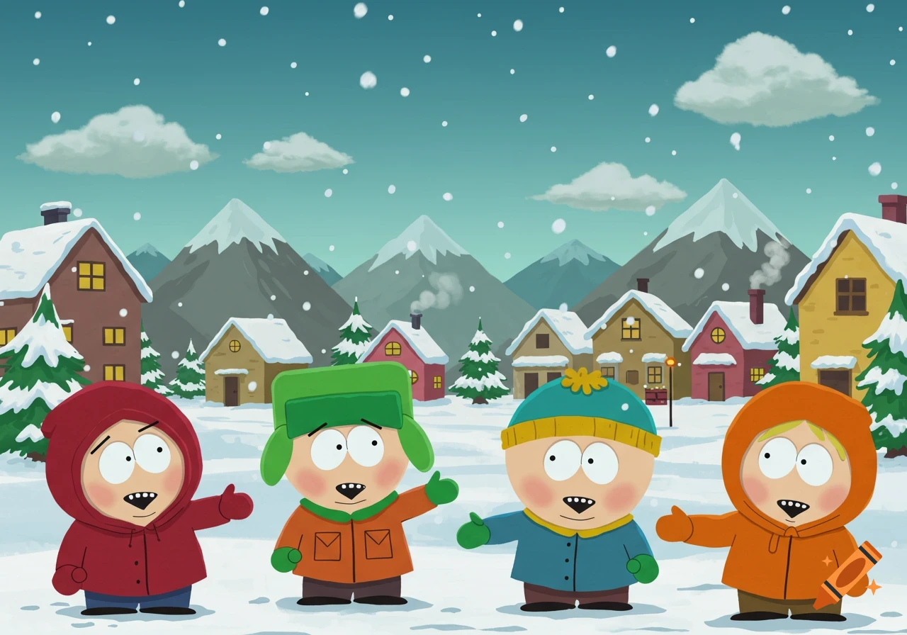 Four South Park characters stand in a snowy village with mountains in the background, stylized as a cartoon.
