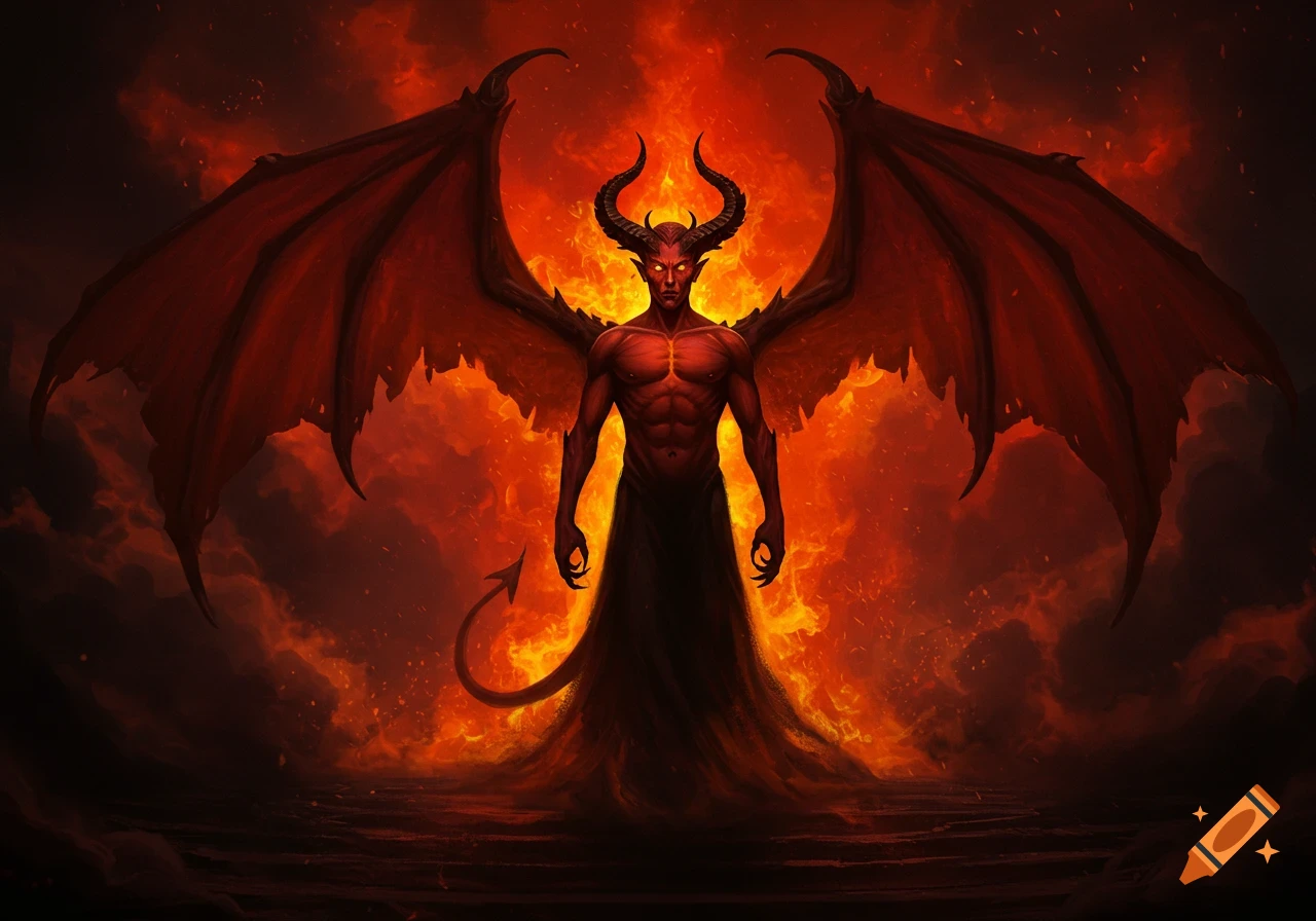 A powerful red devil with large bat-like wings and horns stands in a fiery hellscape.