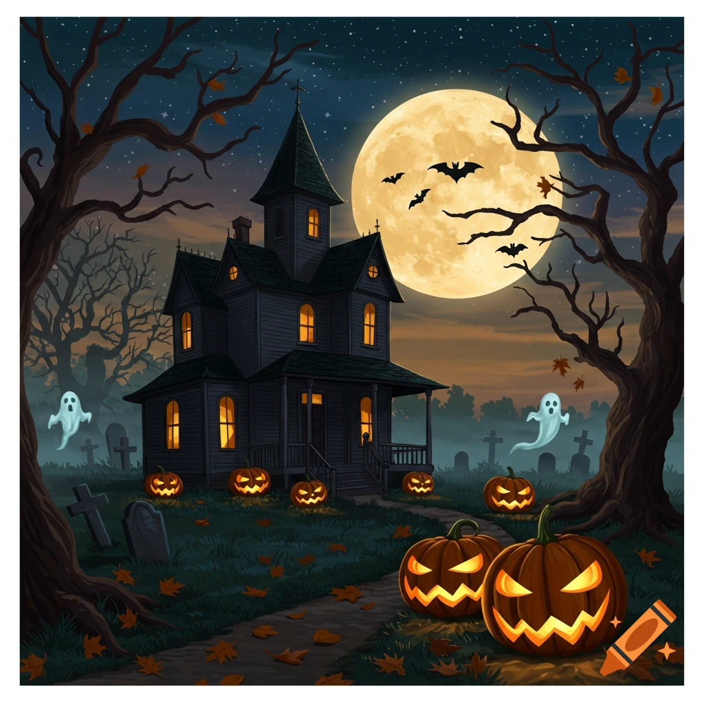 A spooky haunted house at night, lit by a full moon, surrounded by bare trees, jack-o'-lanterns, and ghosts in a graveyard. Illustration.