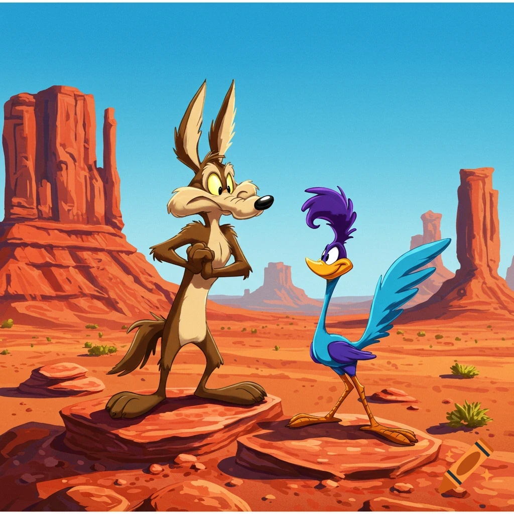 Wile E. Coyote and Road Runner stand in a vibrant desert landscape with red rock formations under a clear blue sky.
