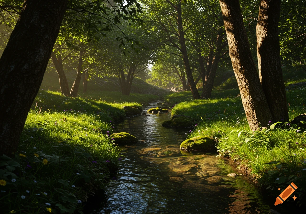 A sunlit forest stream flows through lush green banks with trees on either side, dappled light illuminating the water and grass.