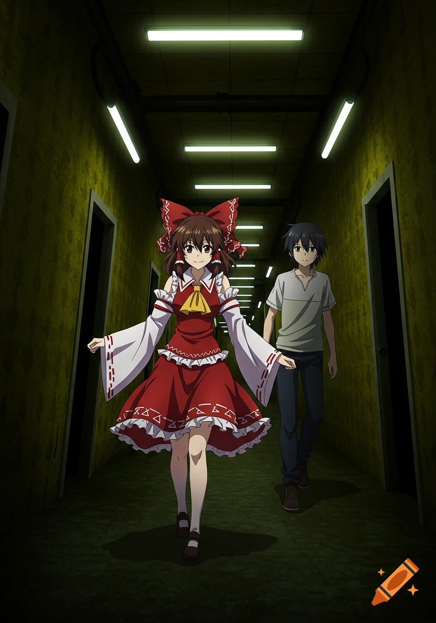 Anime illustration of a girl in a red and white dress with a large bow, and a young man, walking down a dimly lit, grungy hallway.