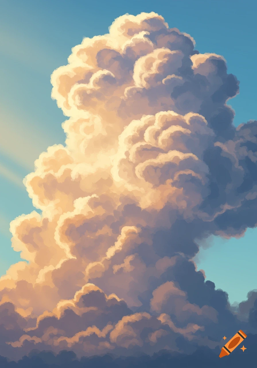 A stylized illustration of a towering cumulonimbus cloud, illuminated by golden light with blue shadows, against a clear blue sky.