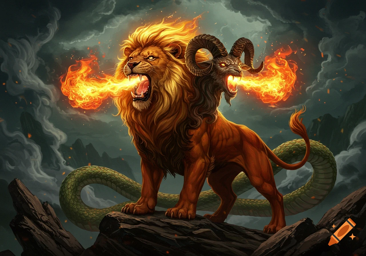 Fierce chimera with a lion head, goat head, and serpent tail breathes fire, standing on rocks under a dark sky, illustration style.