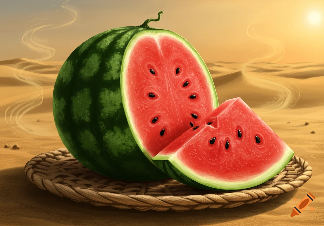 A vibrant, whole watermelon and a slice sit on a woven mat in a sunny desert landscape at sunset.