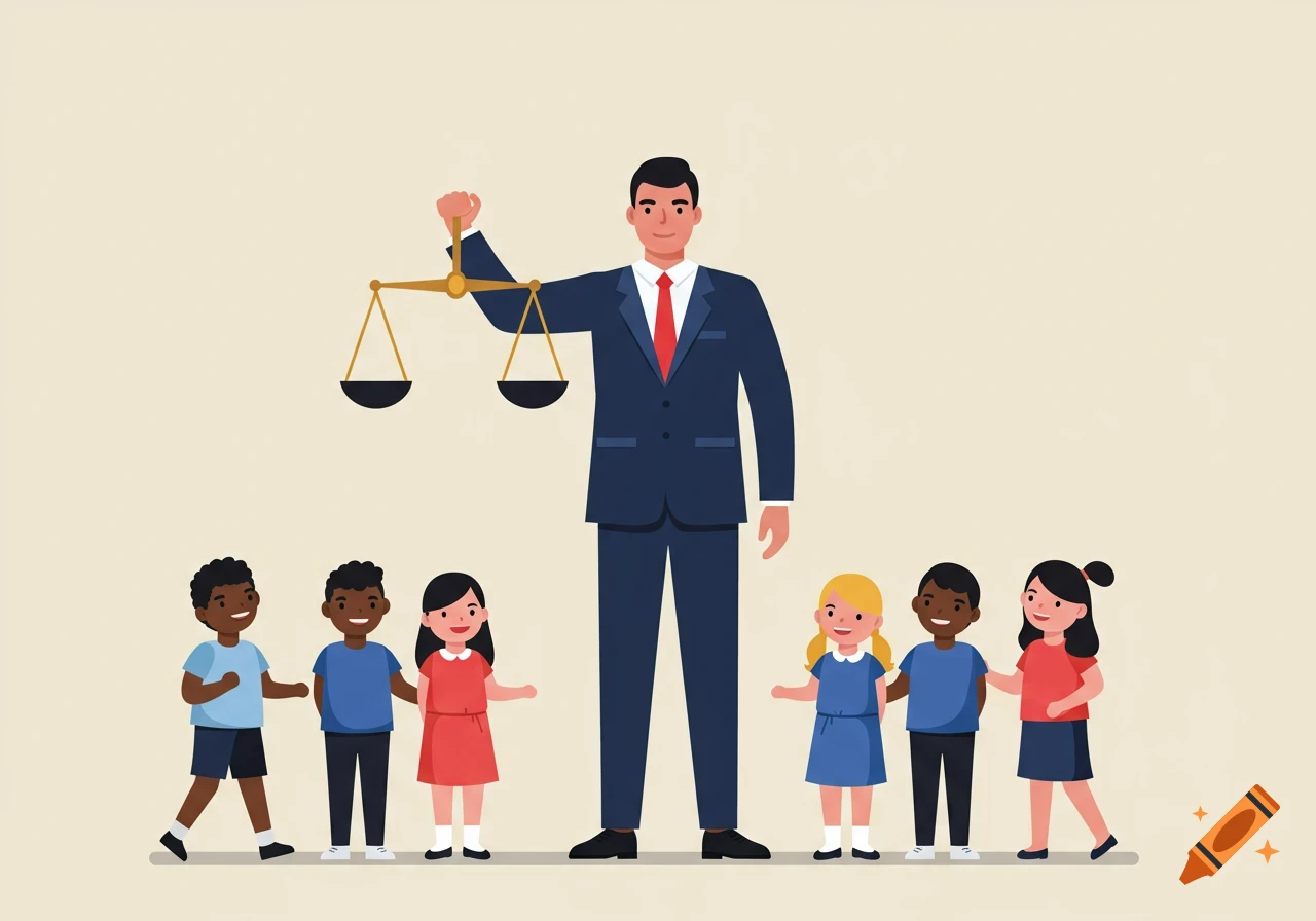 Flat vector illustration of a man in a suit holding scales of justice with diverse children on both sides.