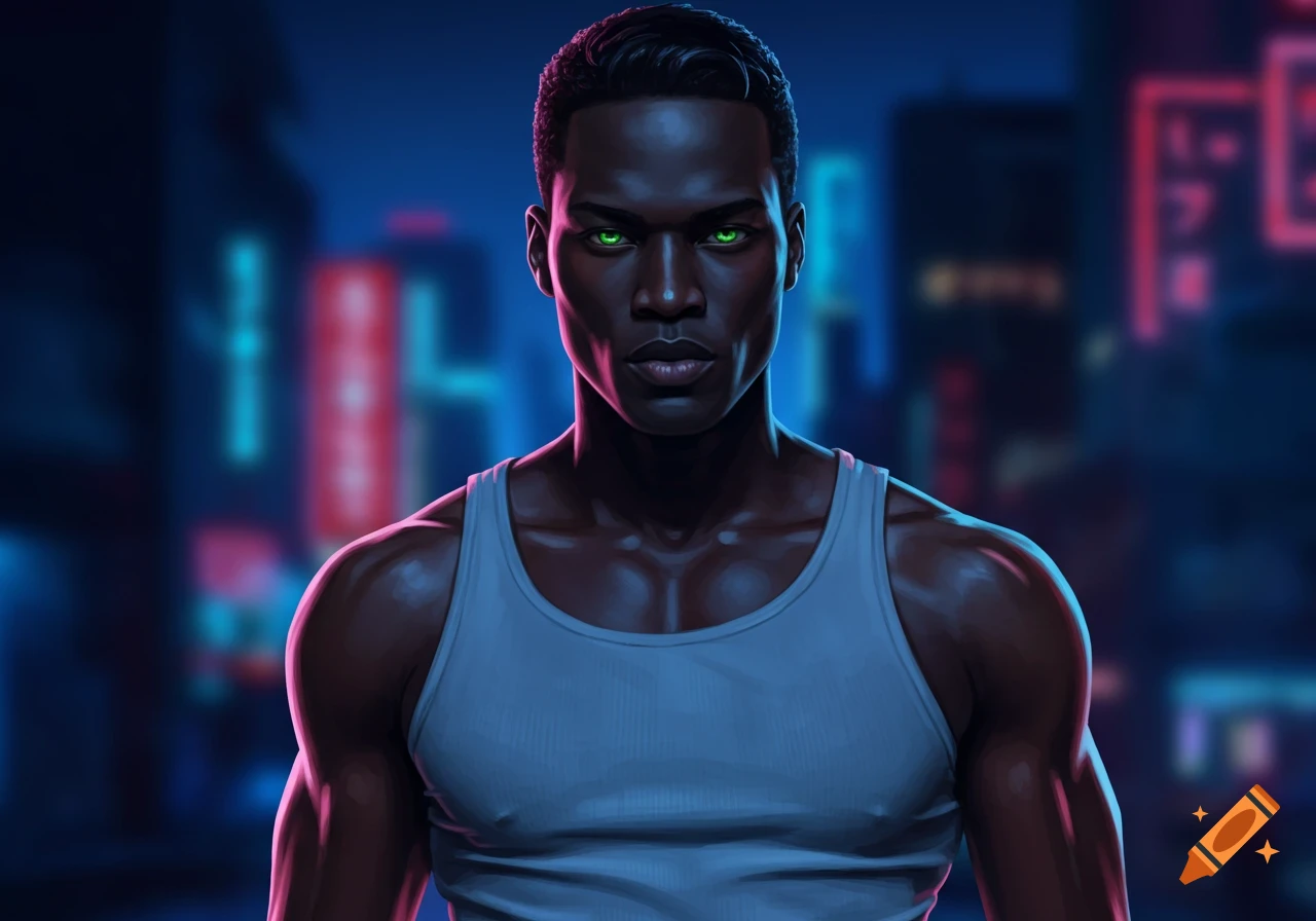 Stylized portrait of a dark-skinned man with short black hair and piercing green eyes, wearing a tank top, against a blurred neon cyberpunk city.