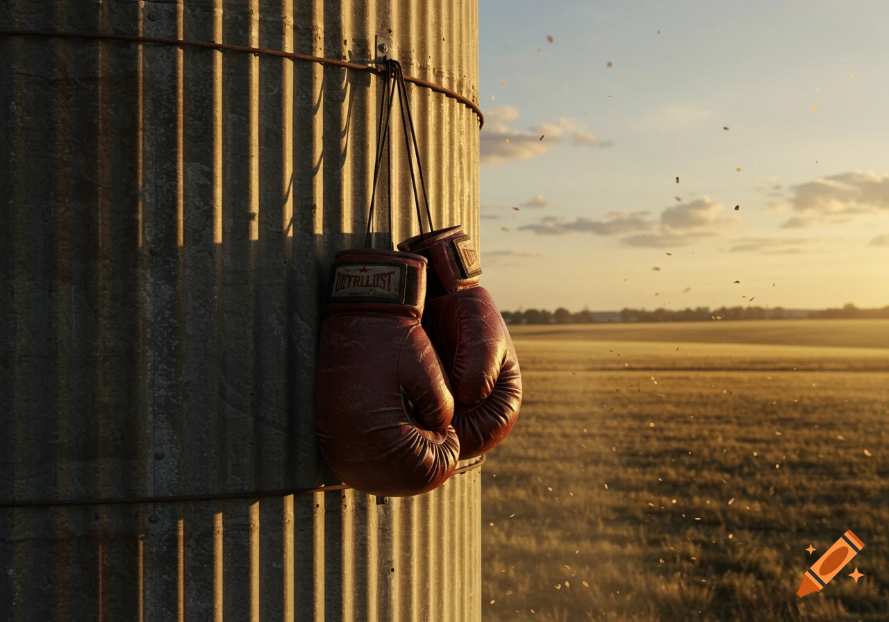 A pair of red boxing gloves hangs on a corrugated metal silo at sunset, overlooking a golden field.