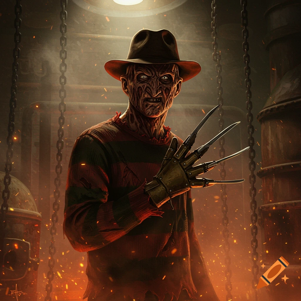 Detailed depiction of Freddy Krueger with a burnt face, striped sweater, fedora, and bladed glove, in a dark, fiery industrial setting.