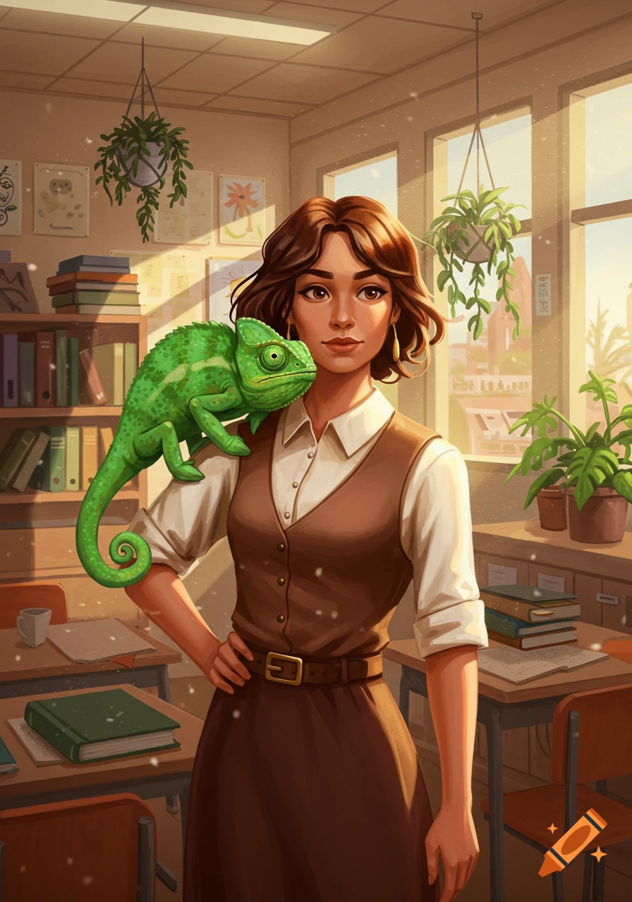 A woman with brown hair and a brown vest stands in a sunny classroom, a large green chameleon perched on her shoulder, in a vibrant digital illustration style.