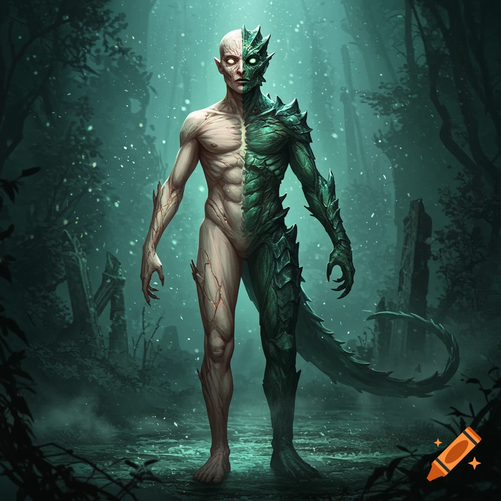 A pale half-human, half-green-scaly-lizard creature stands in a misty, dark forest.