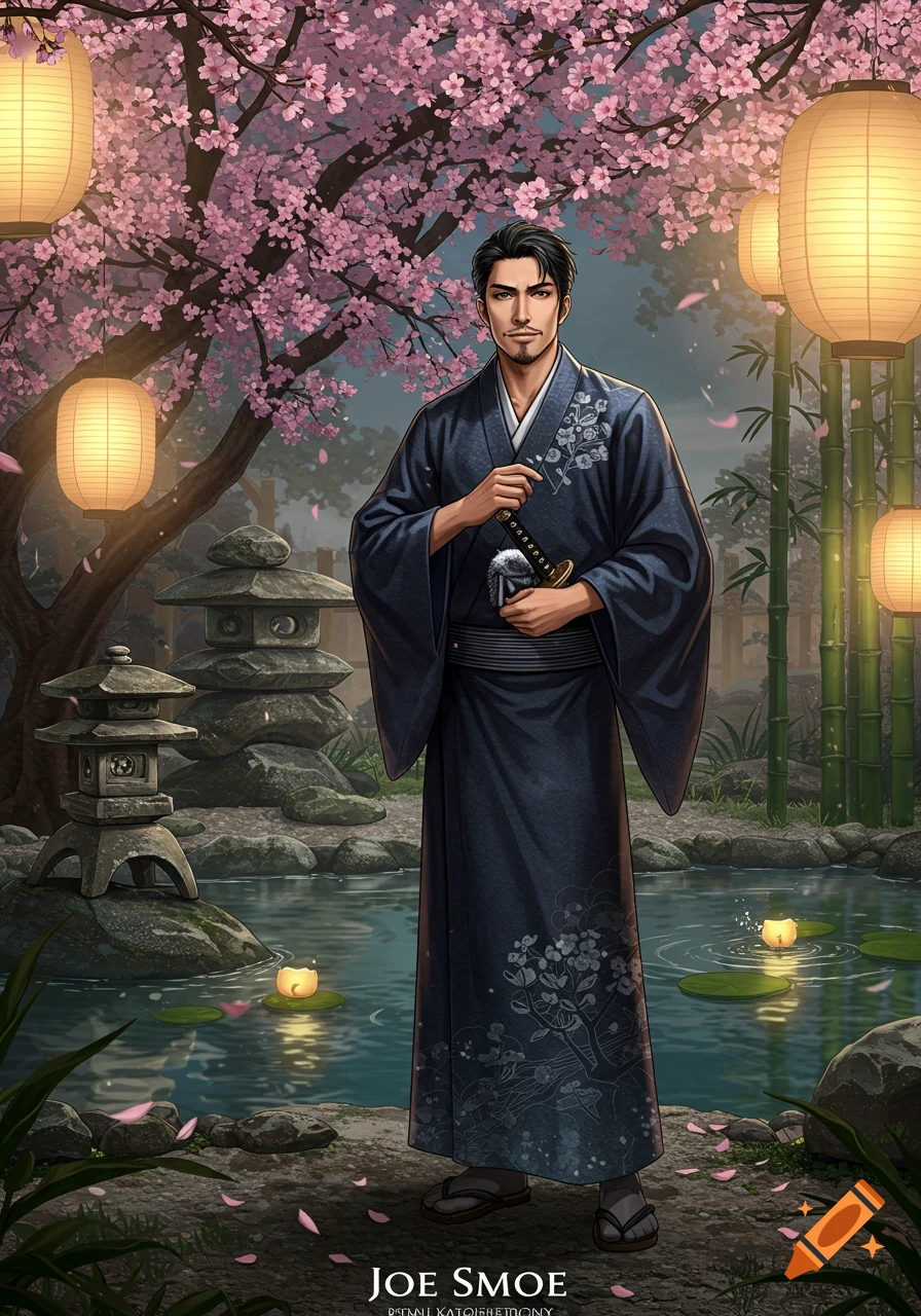 A man in a dark kimono with white floral patterns holds a katana hilt in a serene Japanese garden with cherry blossoms, lanterns, and a pond. Text reads "JOE SMOE".