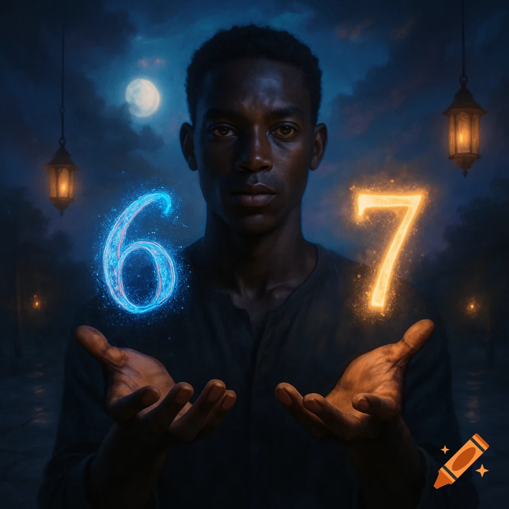 A dark-skinned man holds his hands up, with a glowing blue 6 above his left hand and a glowing orange 7 above his right, in a mystical night scene.