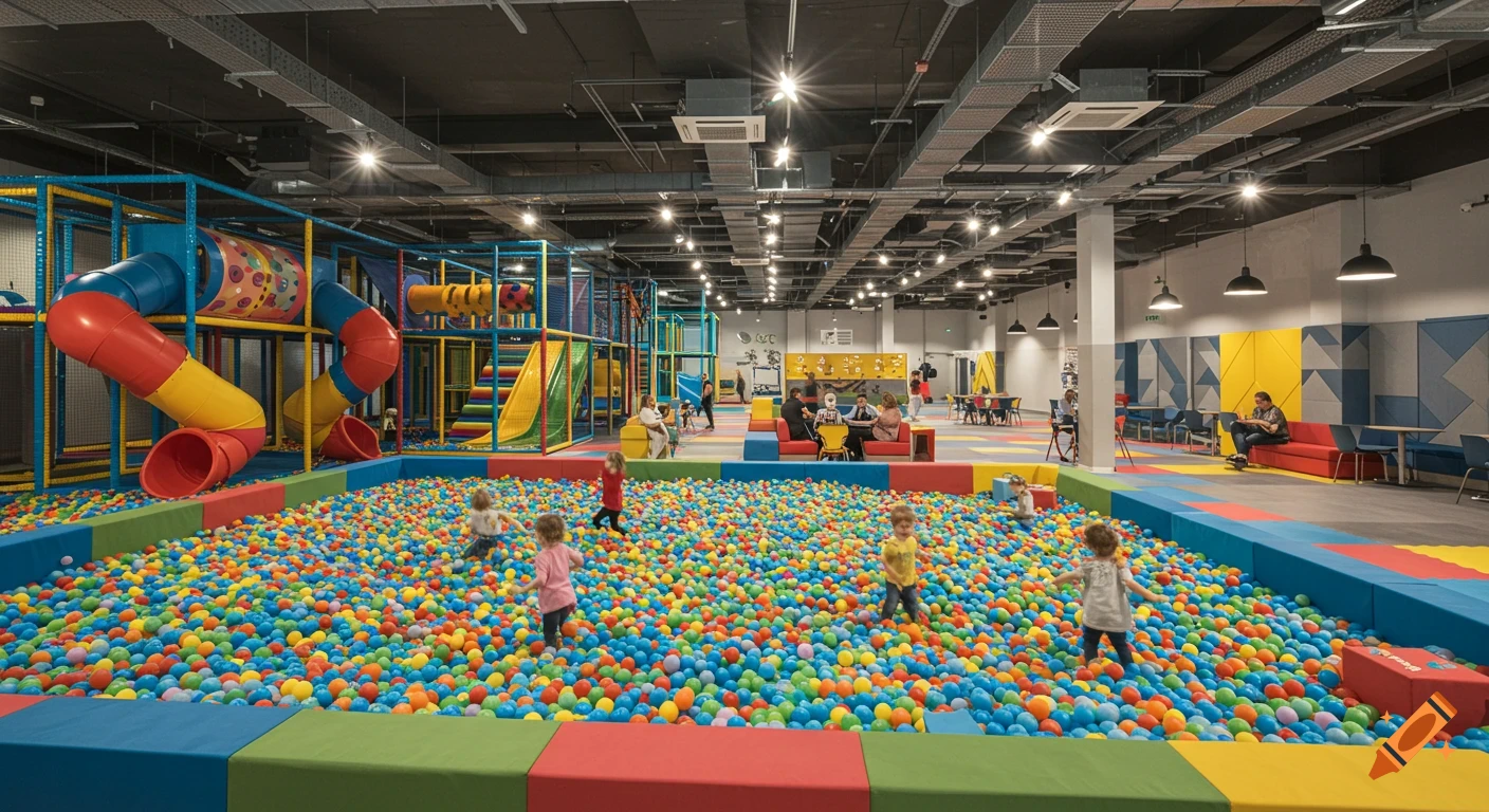 Bright, modern indoor play center with a large colorful ball pit, slides, and tunnels. Children play in the ball pit, adults relax in background.