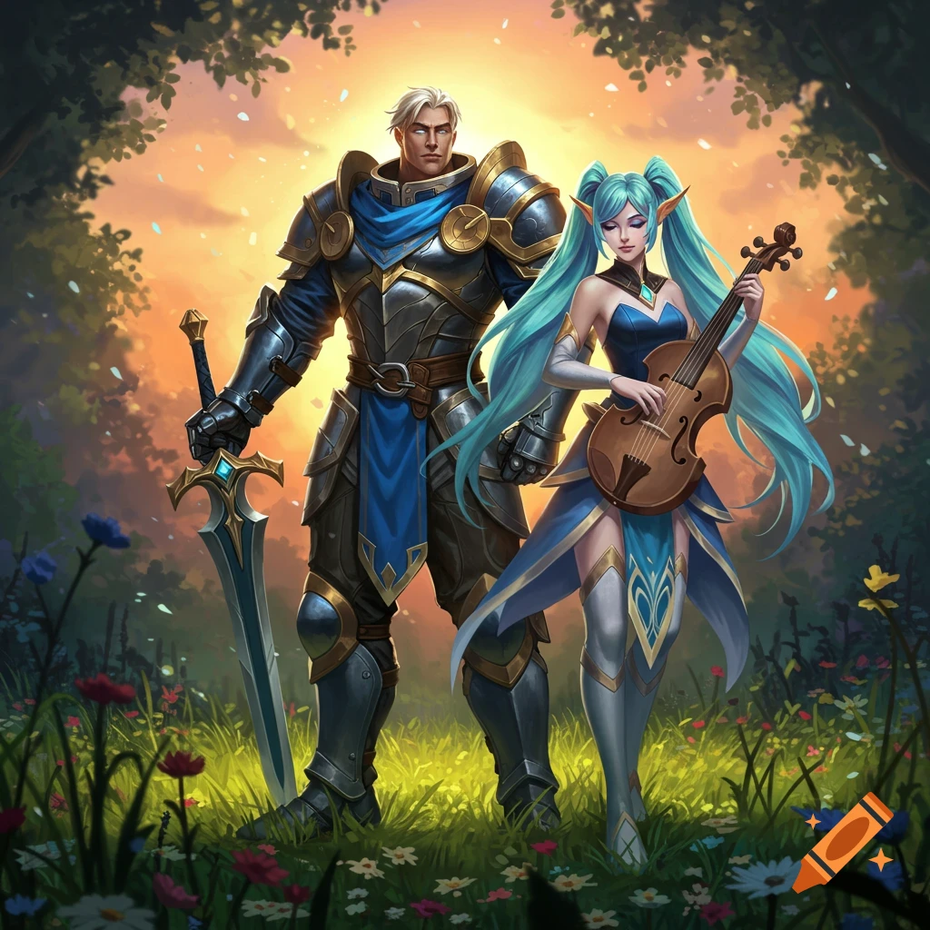 A male knight in blue and gold armor with a sword stands next to a female musician with long teal hair and a string instrument, in a flowery meadow at sunset.