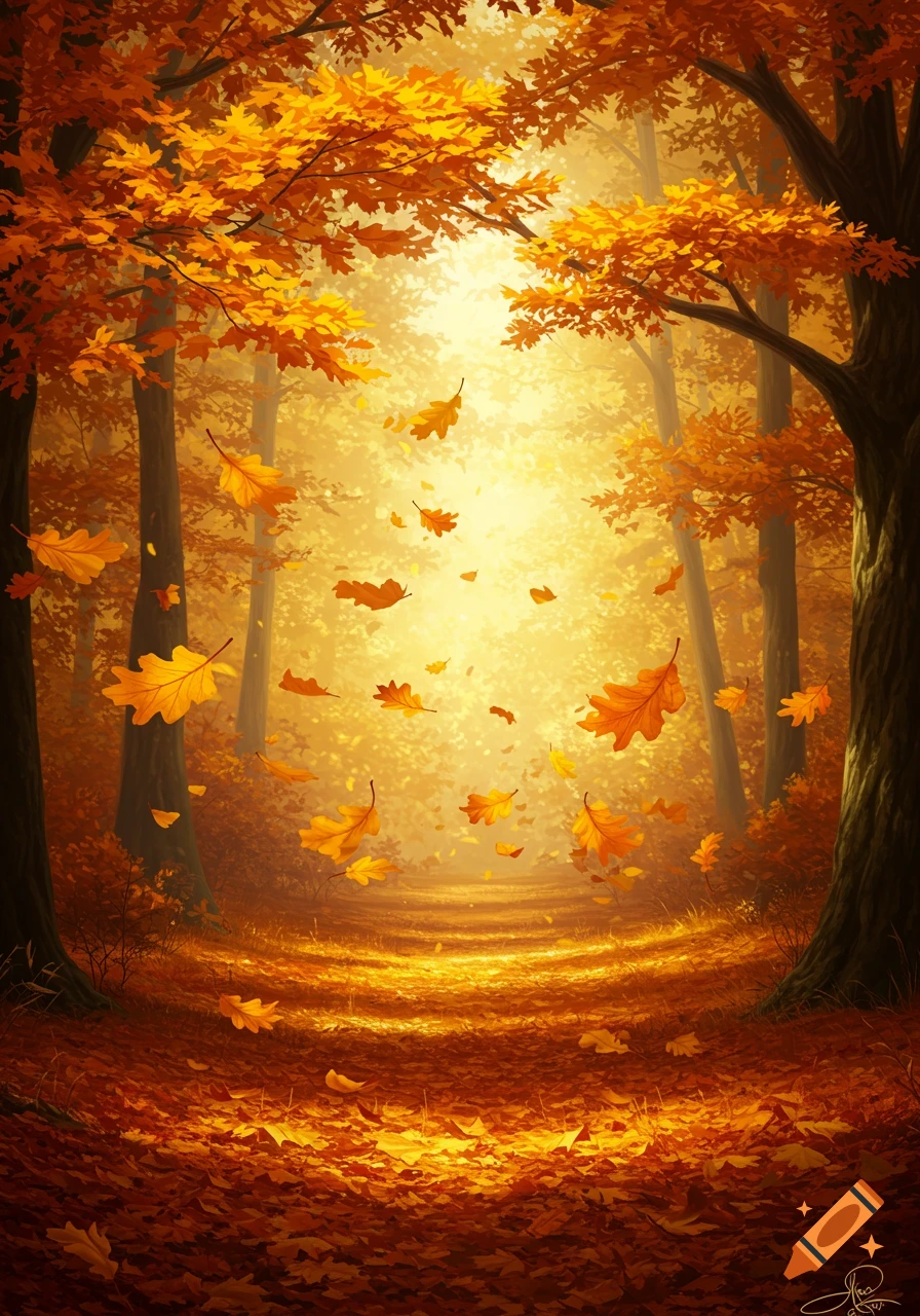 A vibrant digital painting of an autumn forest path with golden trees and leaves falling in bright sunlight.