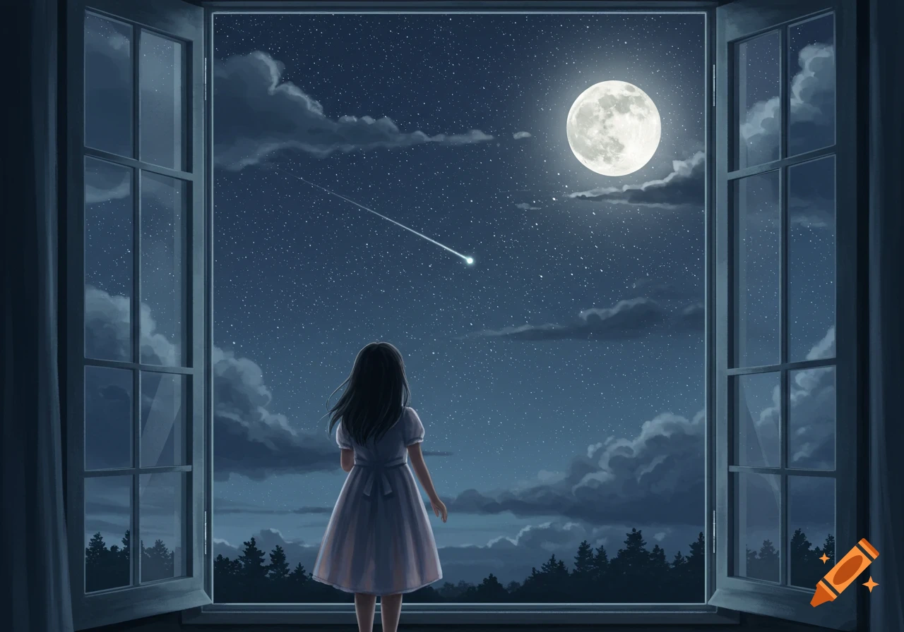 An illustrated girl in a white dress looks out an open window at a night sky with a full moon, shooting star, and distant forest.