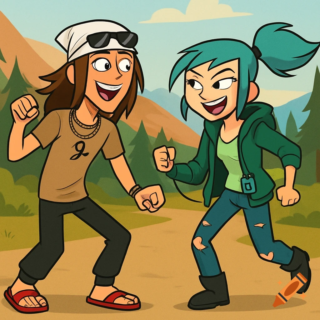 Cartoon of two young friends, a boy and a girl, in casual clothes smiling and posing outdoors with mountains and trees in the background.