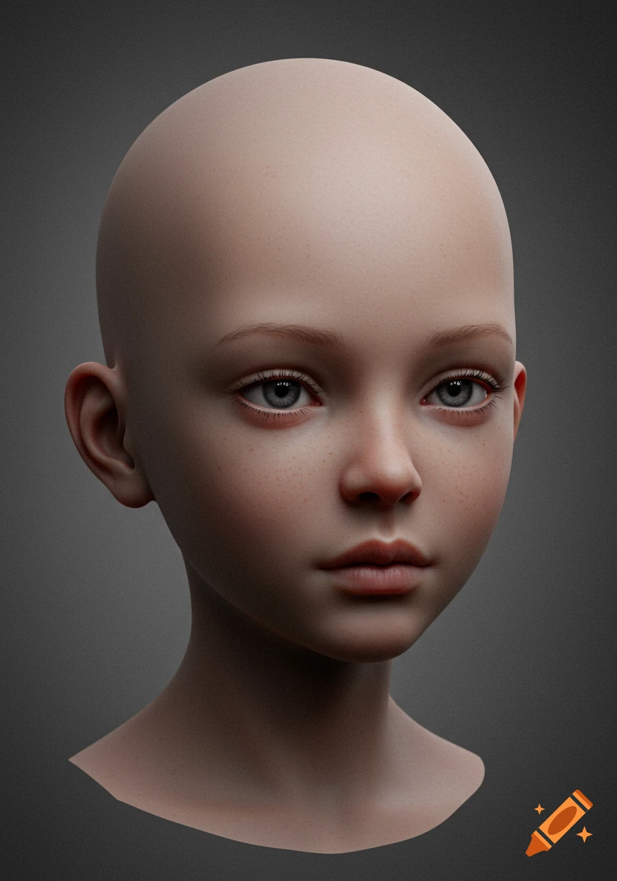 A photorealistic 3D render portrait of a bald child's head with freckles, against a dark gray background.