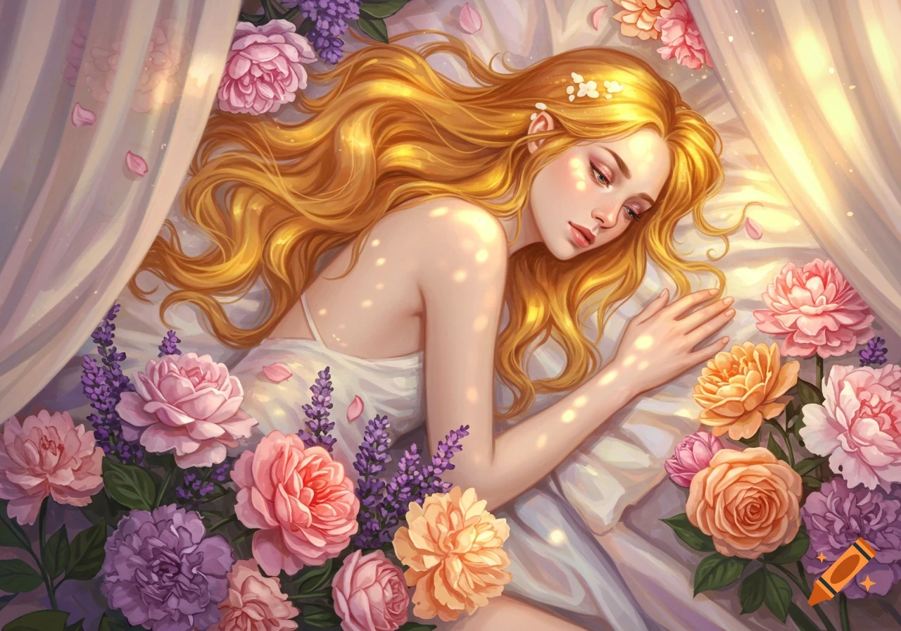 A fantasy girl with long golden hair lies on a bed surrounded by pink, orange, and purple flowers, in a romantic art style.