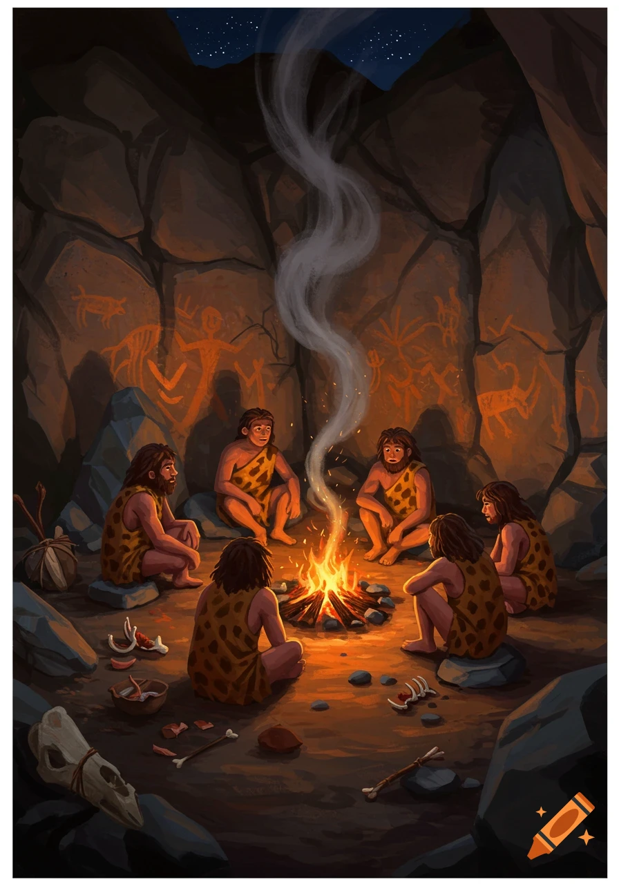 Illustrated scene of cave people sitting around a campfire inside a cave with ancient rock art.