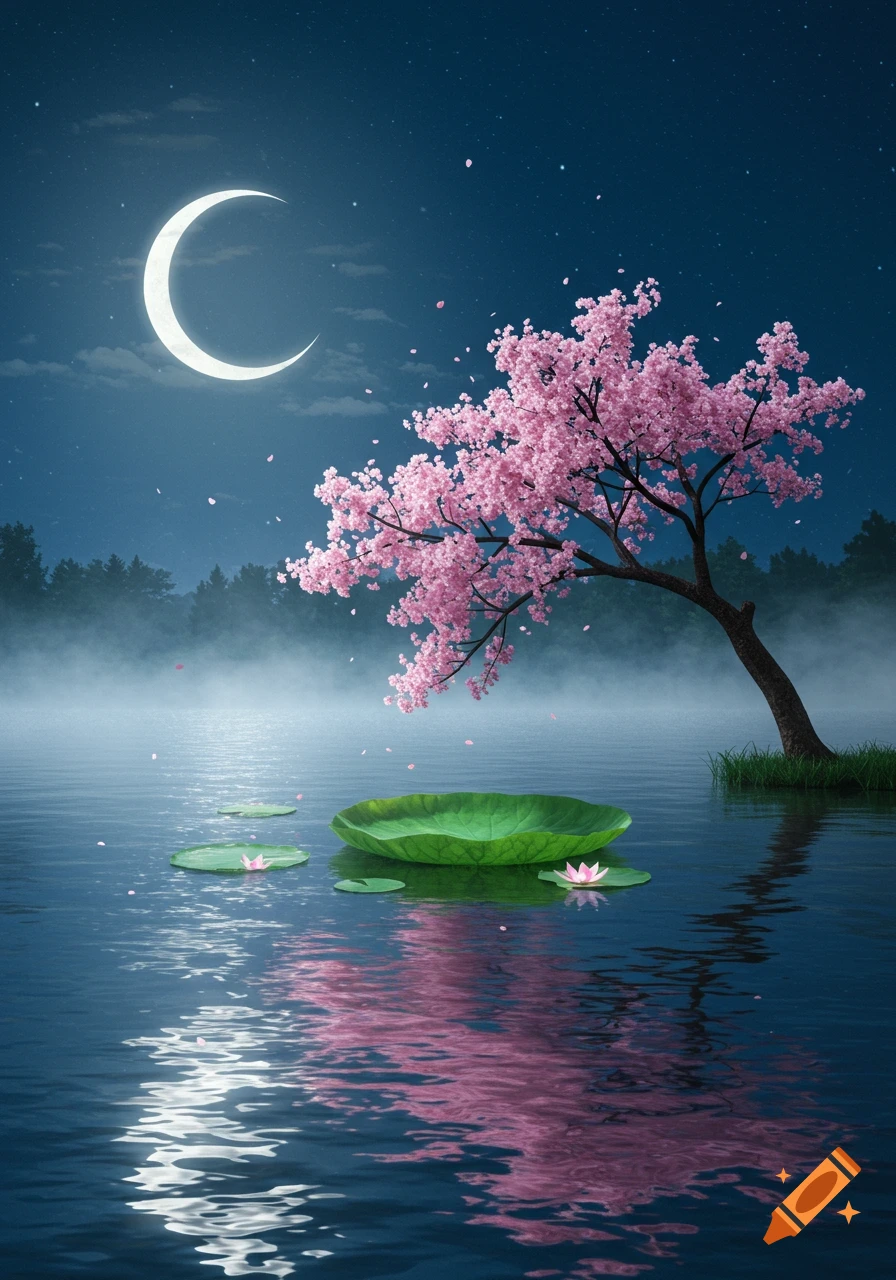 A cherry blossom tree with pink flowers hangs over a misty lake under a crescent moon and starry night, with lily pads and reflections.