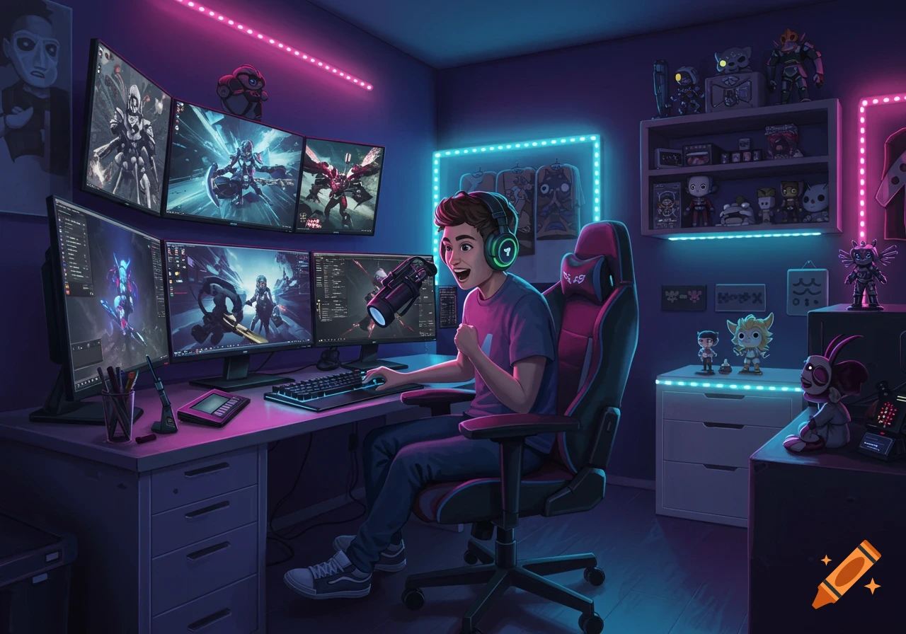 An excited male gamer wearing headphones cheers at his multi-monitor PC setup in a neon-lit room with gaming gear, cartoon style.