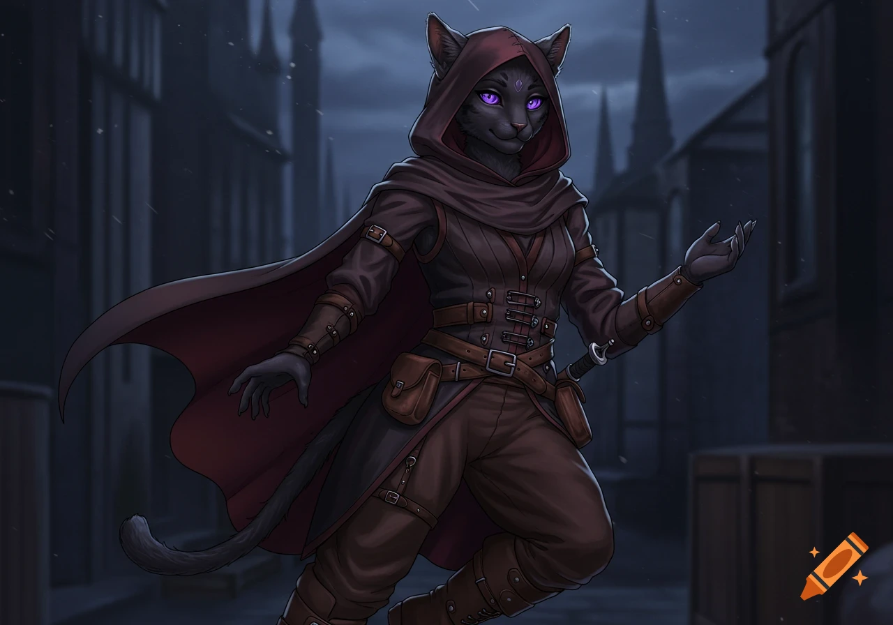 A dark-furred Tabaxi rogue in a hooded cloak and leather outfit stands in a misty medieval street at night, digital art.