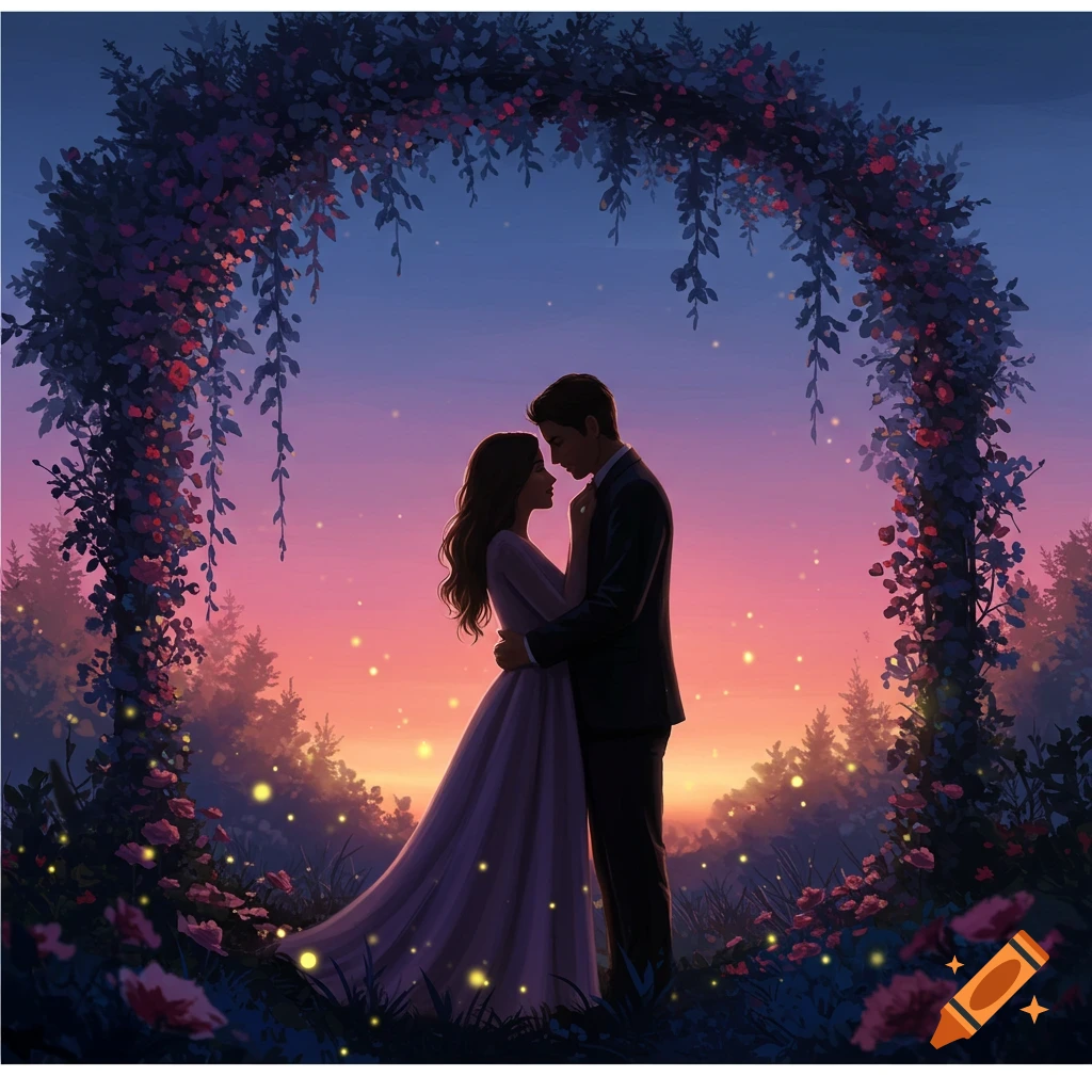 A romantic digital painting of a couple embracing under a floral archway with glowing fireflies at sunset.