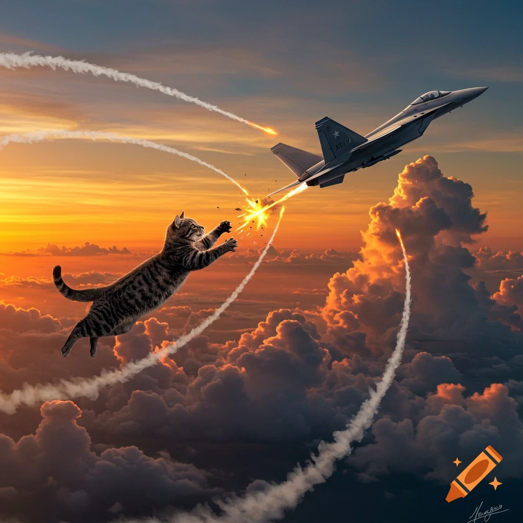 A photorealistic image of a tabby cat flying through a dramatic sunset sky, engaged in an aerial battle with a fighter jet, with missiles and explosions around them.