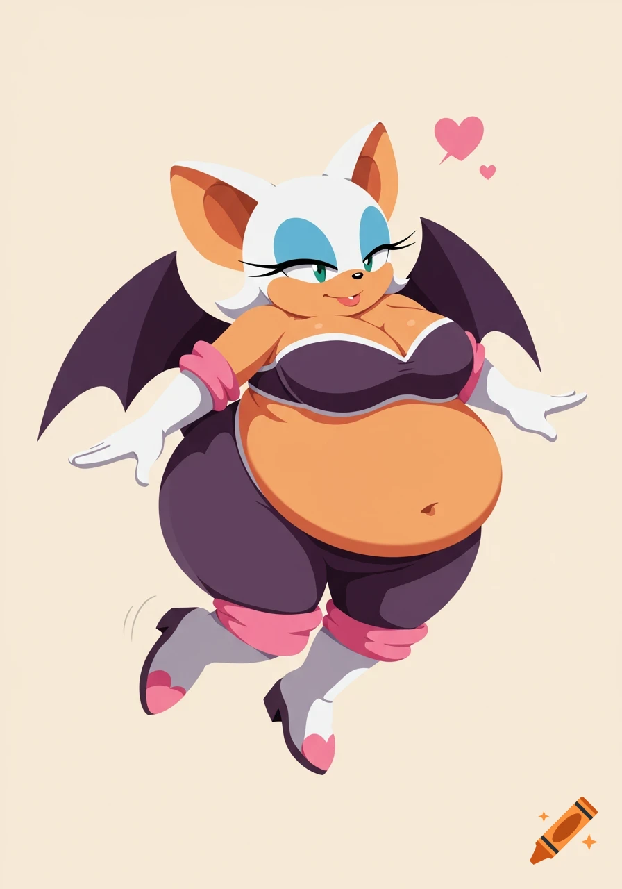 A cartoon illustration of a very large Rouge the Bat flying with hearts above her head, in a clean, crisp style.