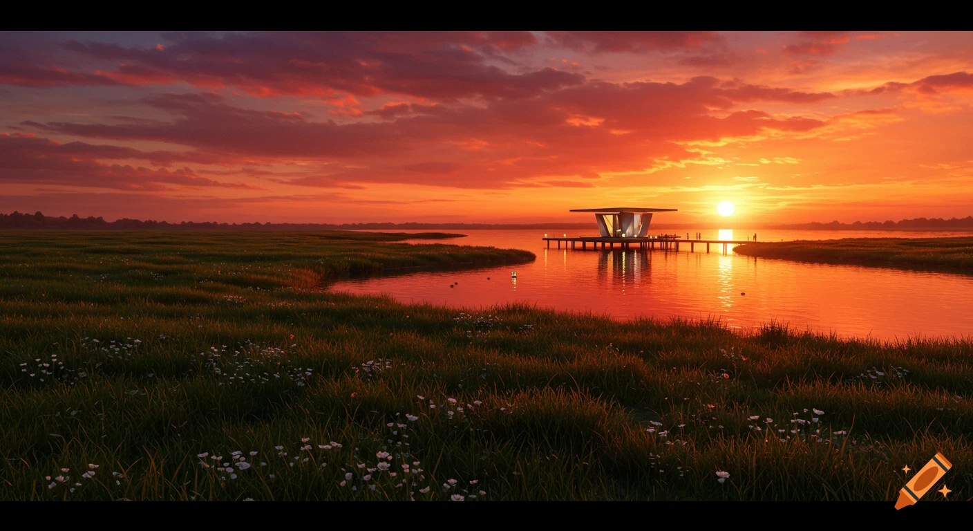 Photorealistic image of a stunning sunset over a lake with a modern pier and structure, surrounded by lush green grassland.