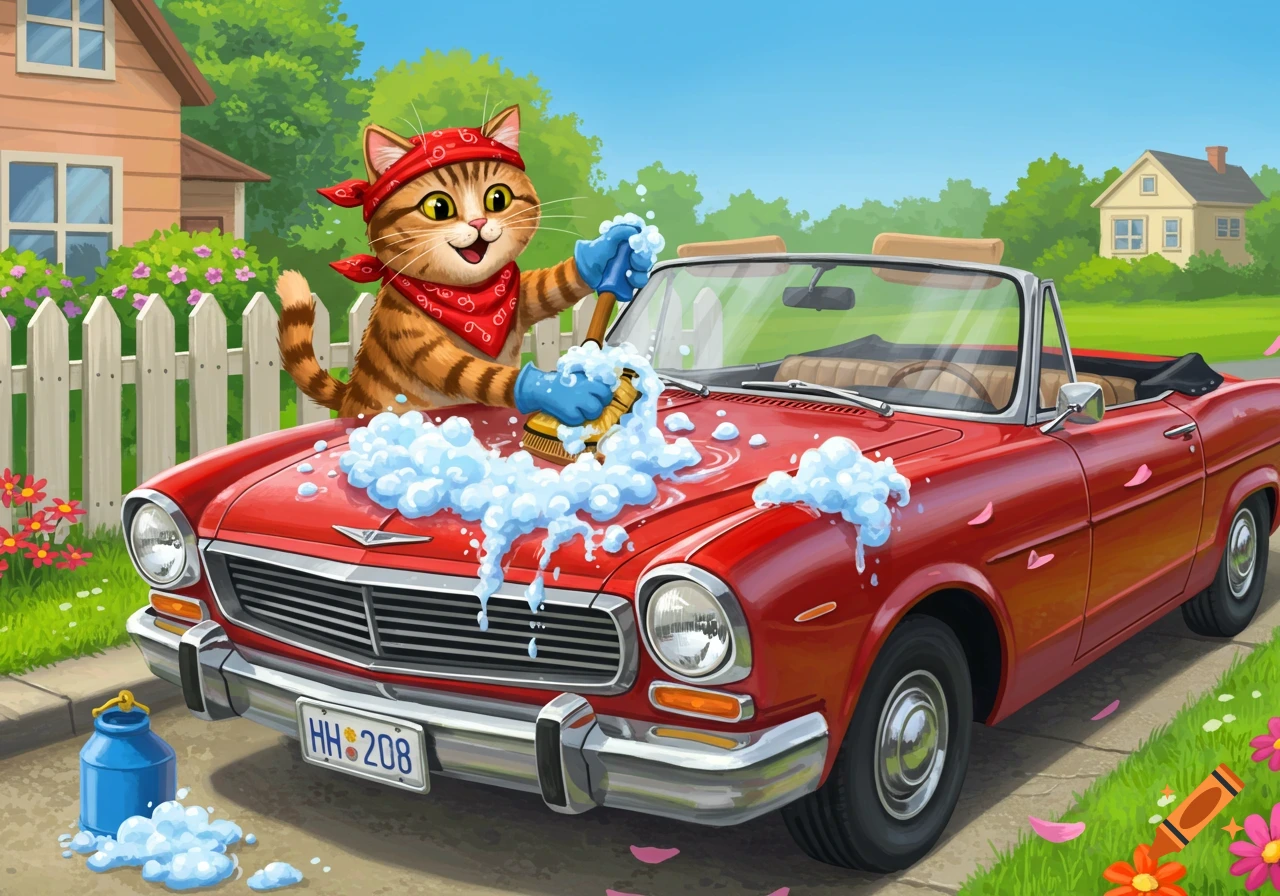 A cartoon tabby cat wearing a red bandana and blue gloves washes a red convertible car in a sunny suburban driveway.