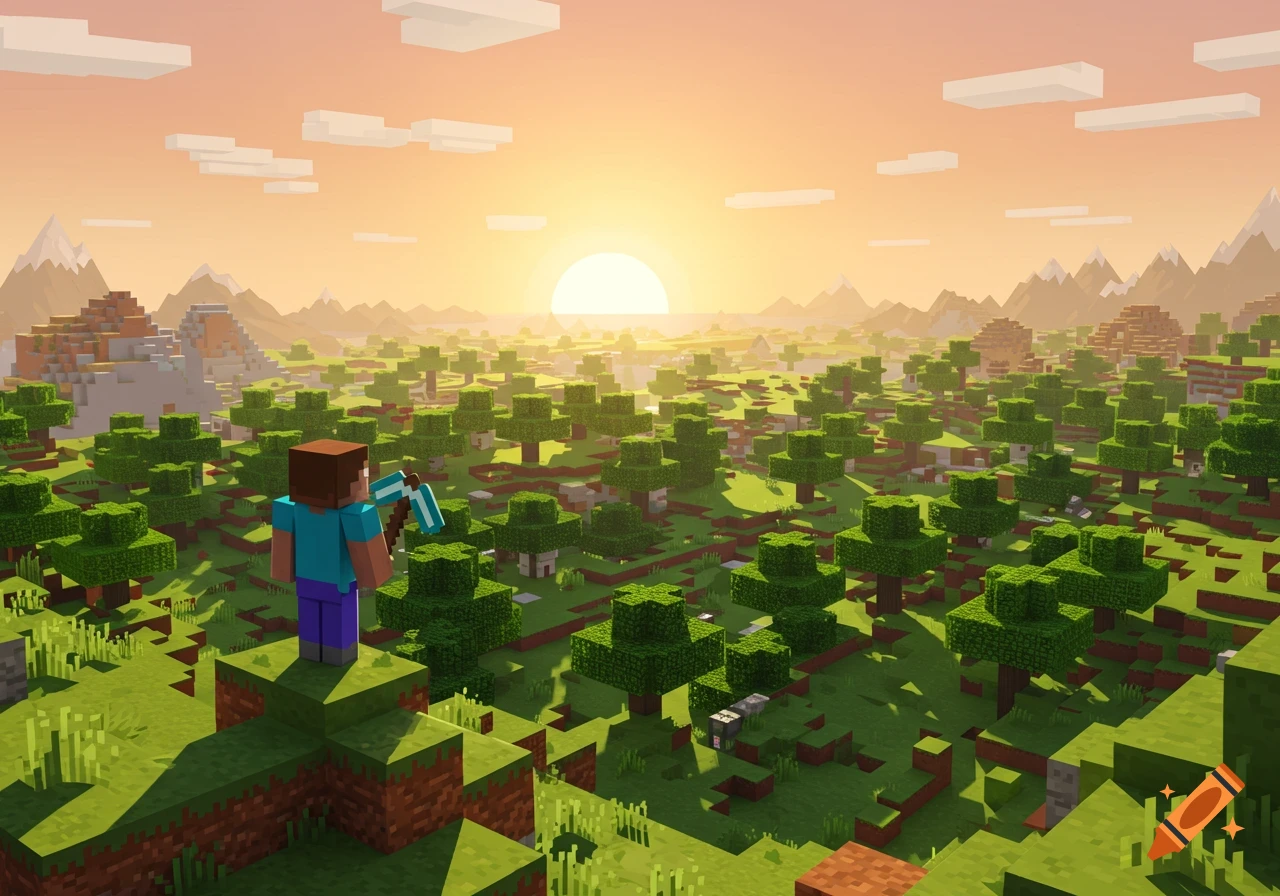 Steve from Minecraft stands on a blocky hill, overlooking a vast forest and mountains at sunrise.