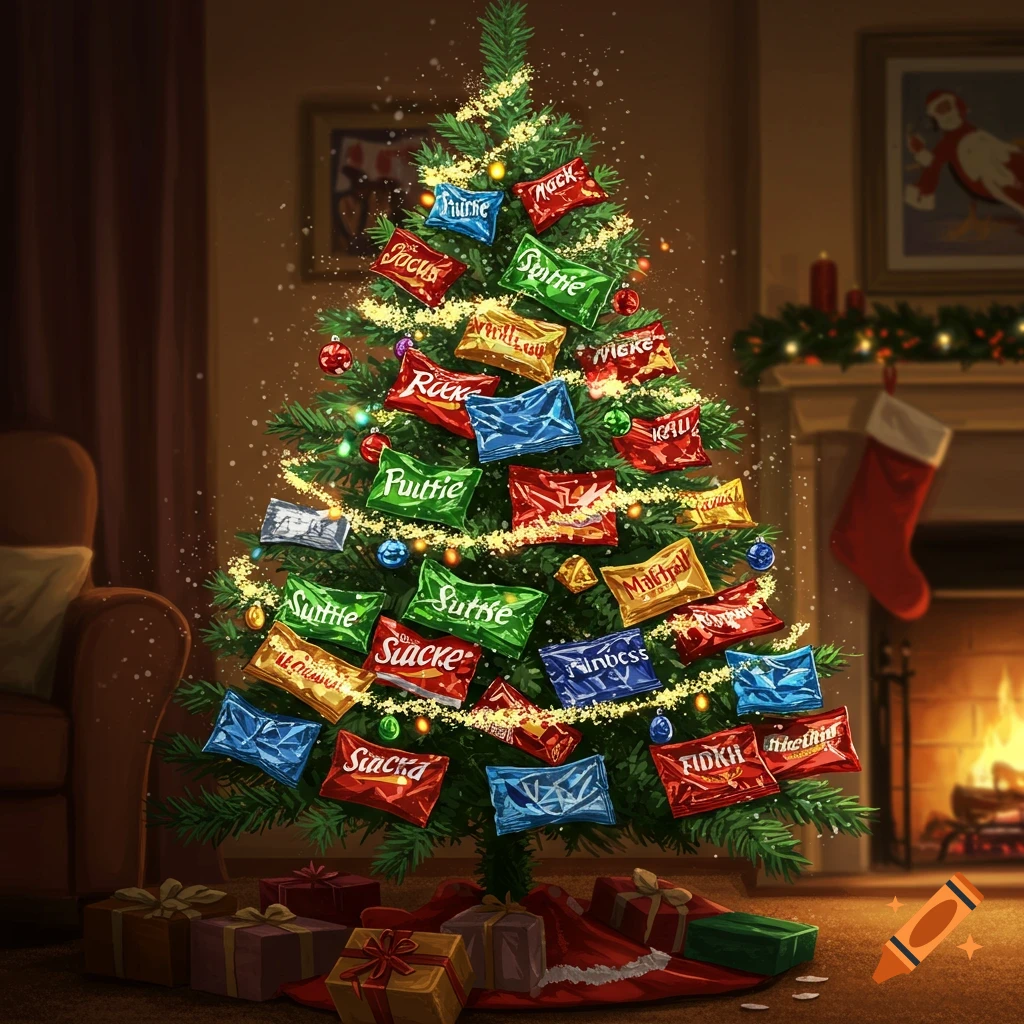 A festive Christmas tree decorated with colorful snack wrappers and lights. Gifts are placed at the base, and a fireplace is in the background.