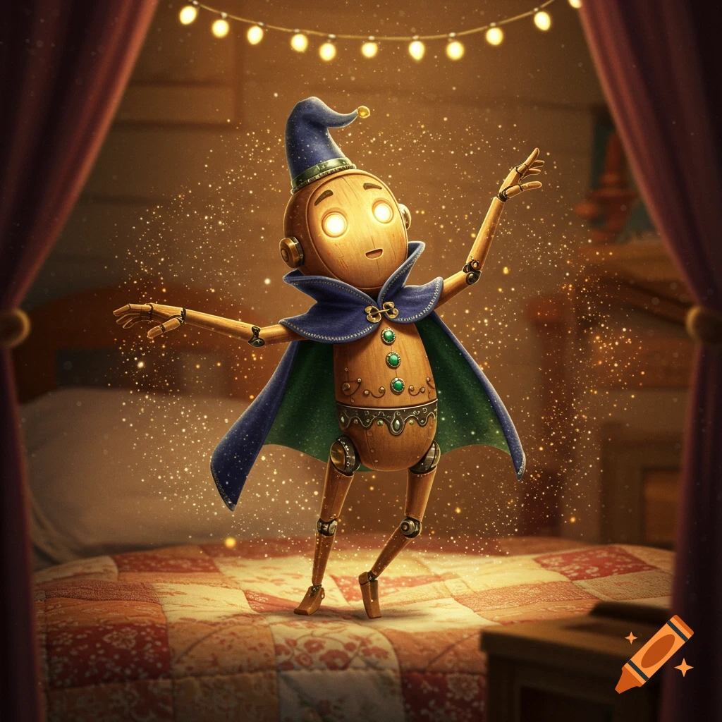 A whimsical wooden puppet with glowing eyes, a blue wizard hat, and cape stands on a quilted bed amidst magical sparkles and string lights.